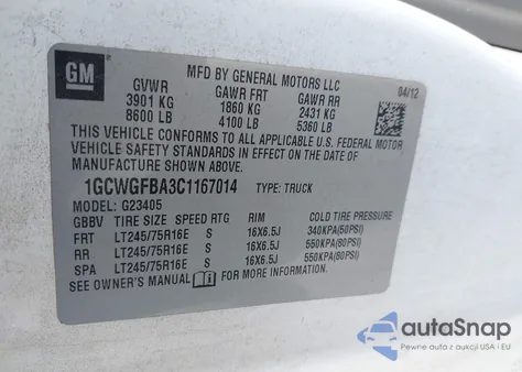 2012 Chevrolet Express 2500 Work Van z USA, uszkodzony, nr VIN 1GCWGFBA3C1167014